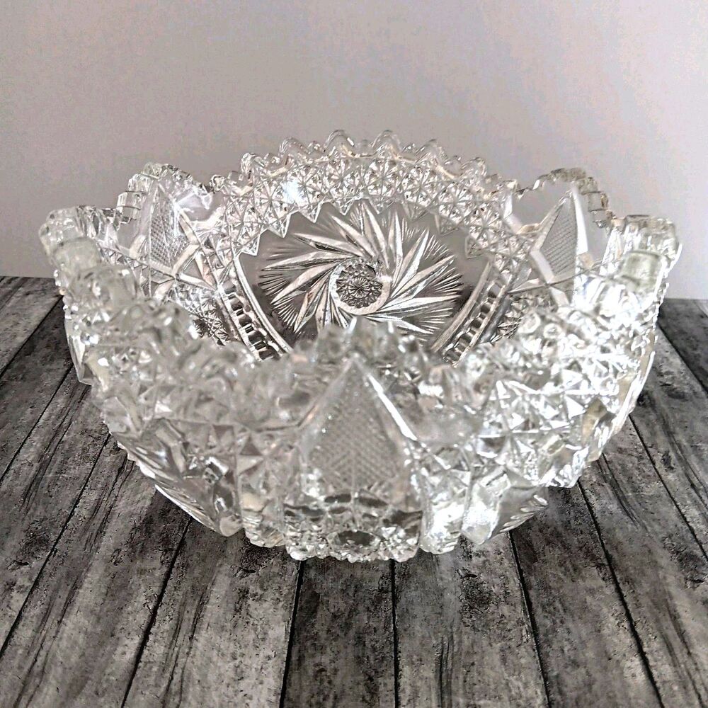 Vtg Pressed Glass Cut Bowl Sawtooth Edge Starburst Pattern Circa 1920s - 1940s